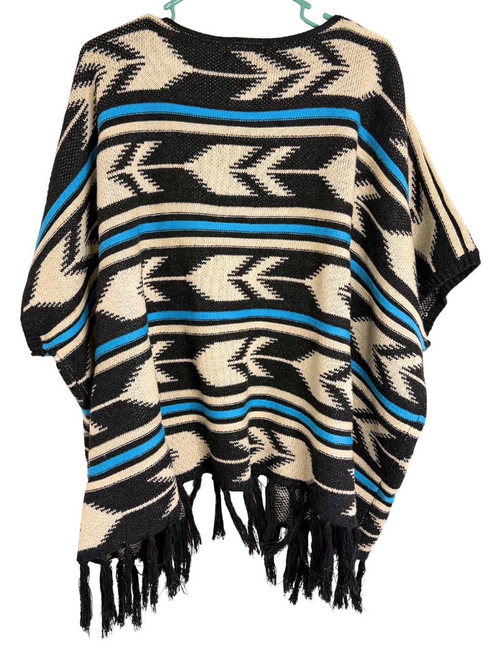 Rock & Roll Cowgirl Open Front Fringe Poncho - Black, Cream & Blue Size Medium - Picture 2 of 5